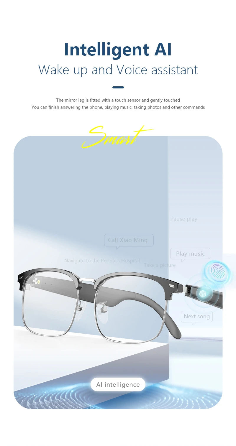 Intelligente Brille mit KI-Übersetzung, Bluetooth-Unterstützung für mehrere Sprachen, Farbwechsel, Musikwiedergabe und Telefonfunktion