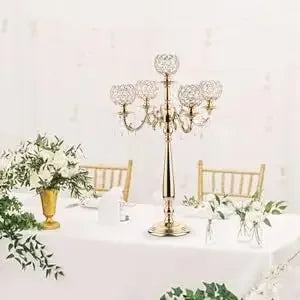 Elegant Gold Candle Holders: 5-Armed Crystal Candelabras for Memorable Events