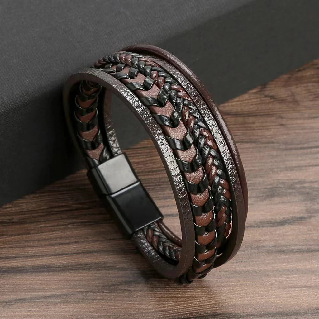 Multi-Layered Leather Bracelet: Vintage Style with Alloy Magnetic Buckle
