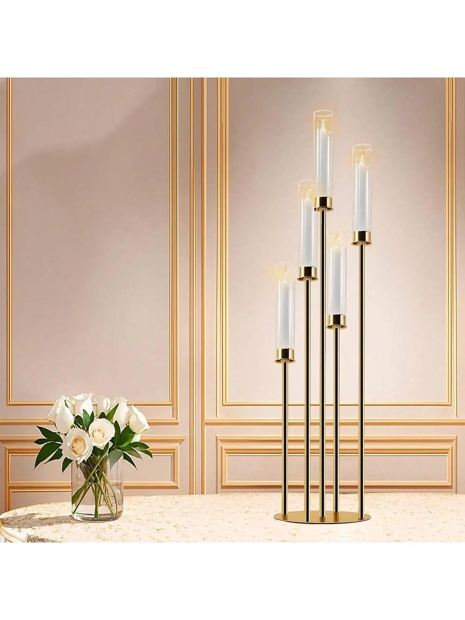 Elegant Gold Candle Display: 5-Arm Centerpiece for Special Events