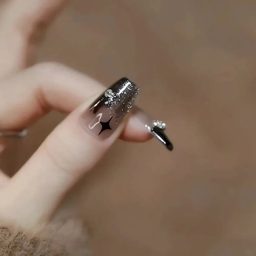 Spellbinding Nail Art: 24PCS Dark Wind Gradient Fake Nails Adorned with Mystical Bows