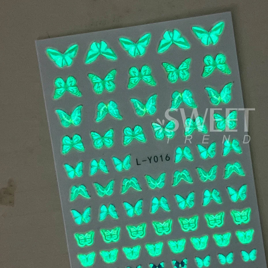 Glow-In-The-Dark Nail Decals: 3pcs Butterfly Design for Creative Manicures