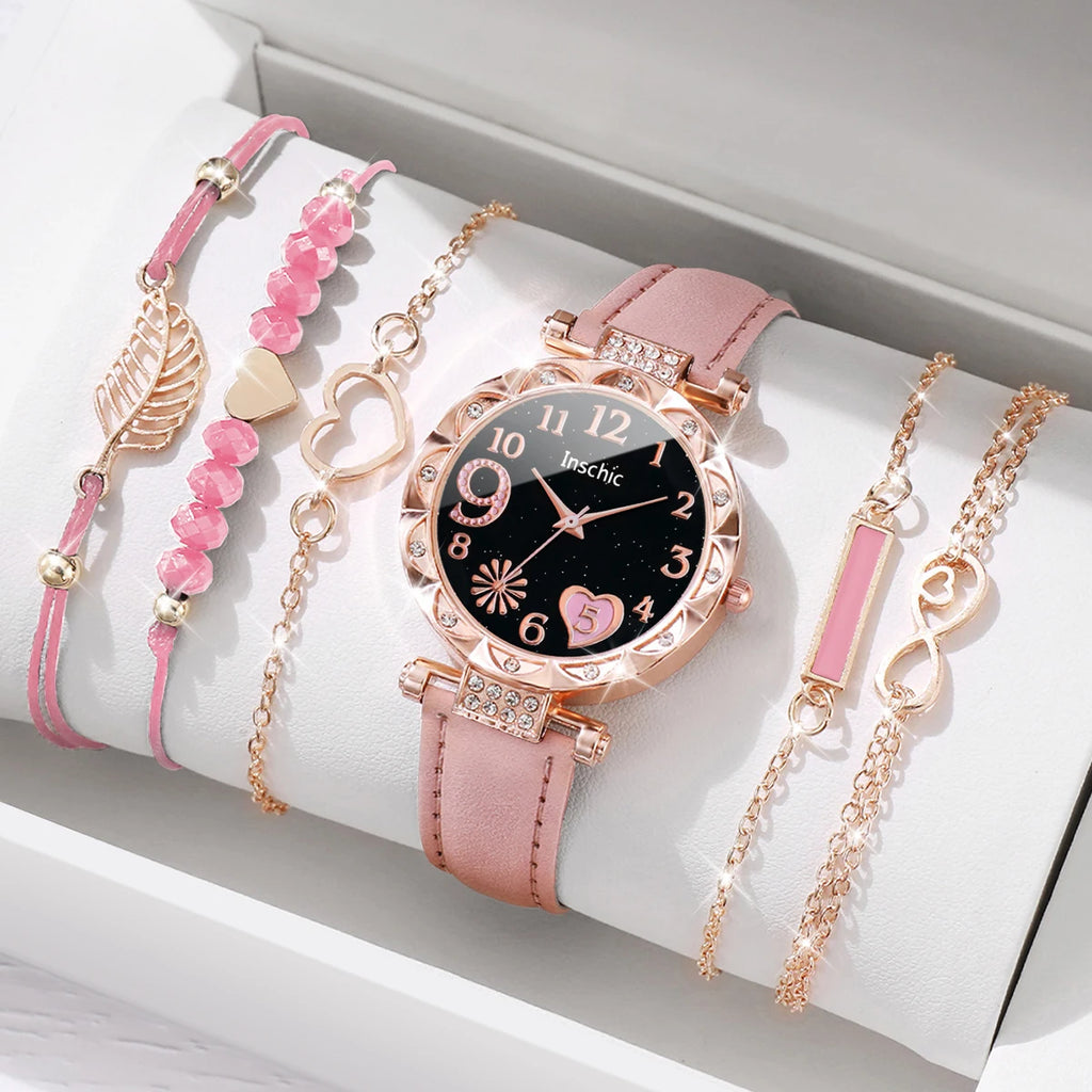 Charming Heart Dial Watch Set: Casual Elegance with Leaf Bracelets