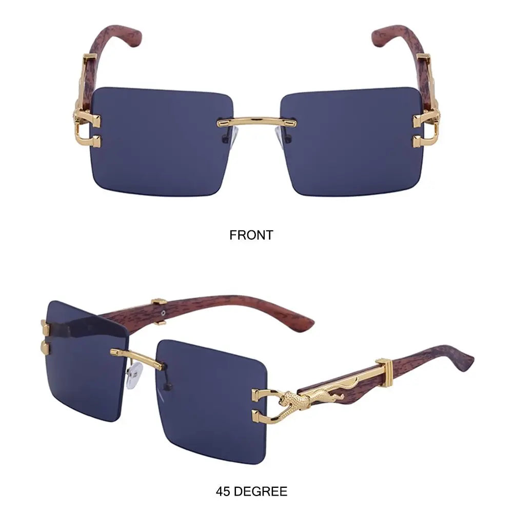 Unisex Wooden Cheetah Head Sunglasses: Vintage Rimless Style with UV Protection
