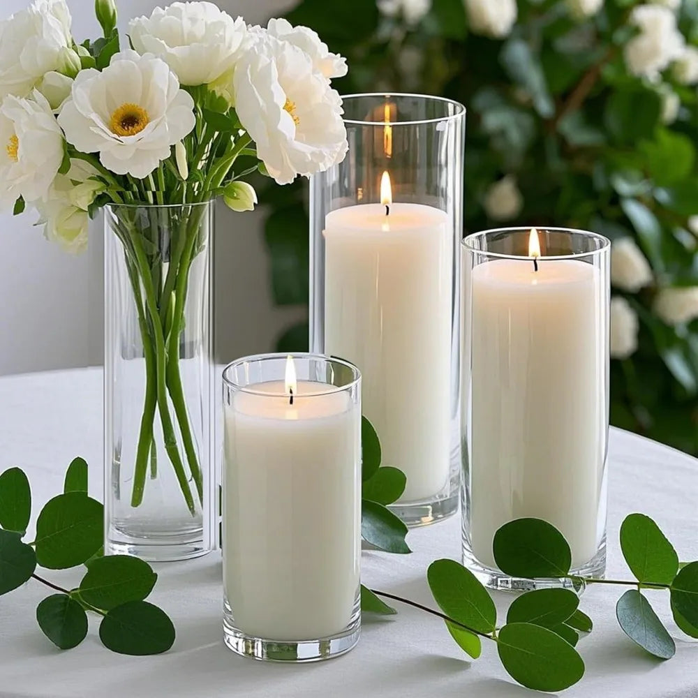 Elegant Wind-Resistant Candle & Holder Set: 12-Piece Pillar Candles with Glass Vases for Timeless Decor