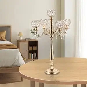 Elegant Gold Candle Holders: 5-Armed Crystal Candelabras for Memorable Events