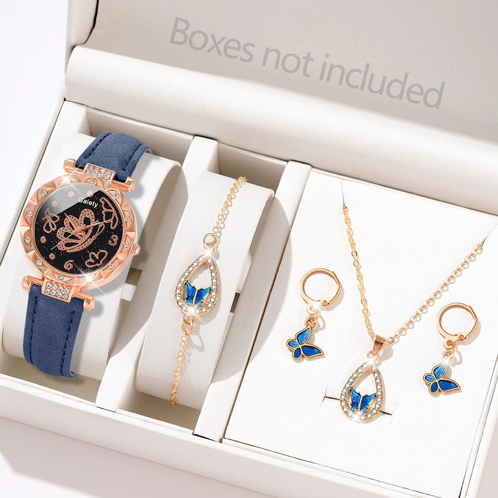Charming Timepiece Set: 5-Piece Blue Women’s Watch Collection with Butterfly Dial