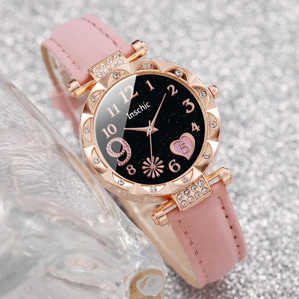 Charming Heart Dial Watch Set: Casual Elegance with Leaf Bracelets