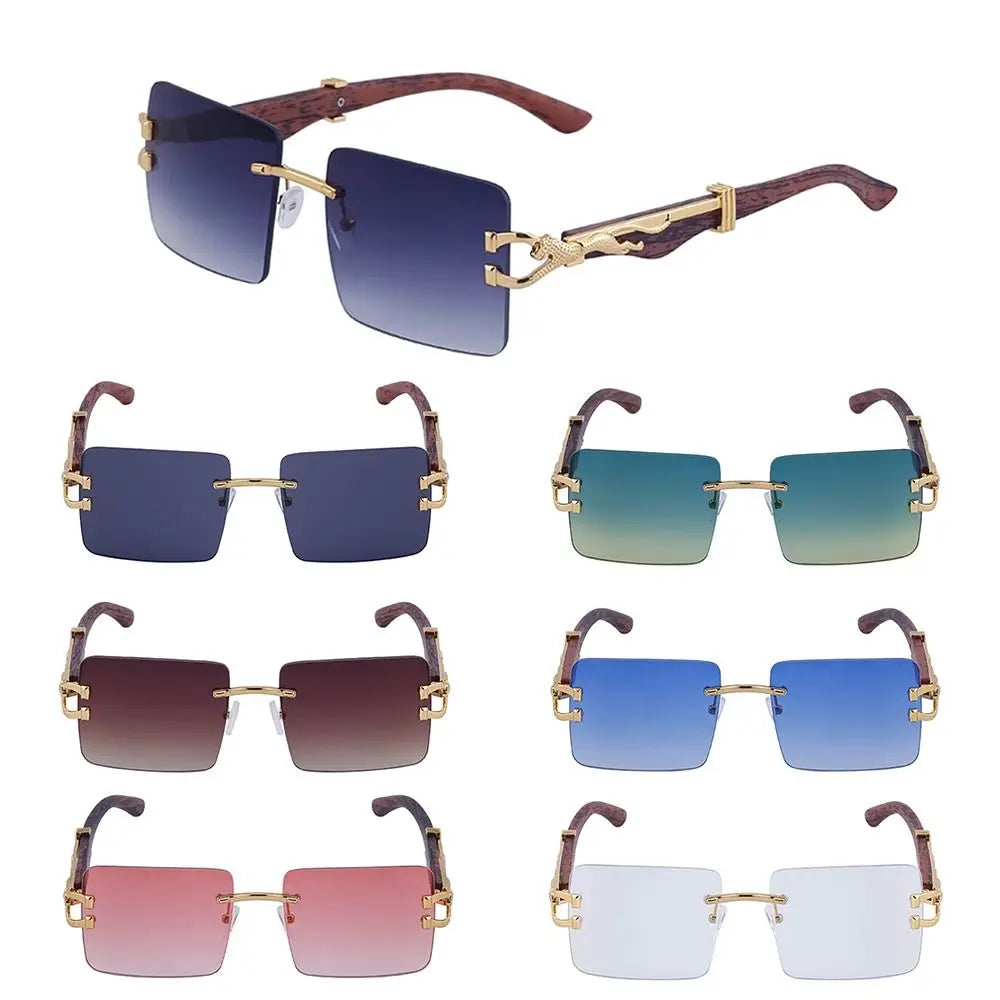 Unisex Wooden Cheetah Head Sunglasses: Vintage Rimless Style with UV Protection