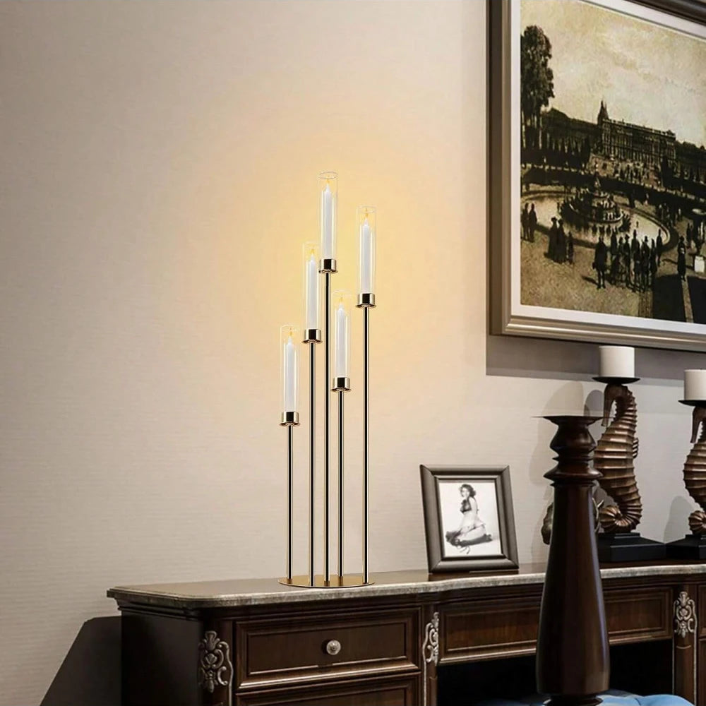 Elegant Gold Candle Display: 5-Arm Centerpiece for Special Events