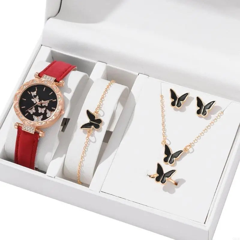 Glamorous Accessory Set: 5-Piece Women’s Luxury Watch and Jewelry Collection