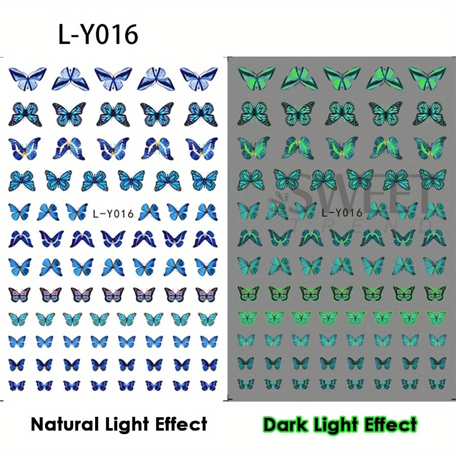 Glow-In-The-Dark Nail Decals: 3pcs Butterfly Design for Creative Manicures