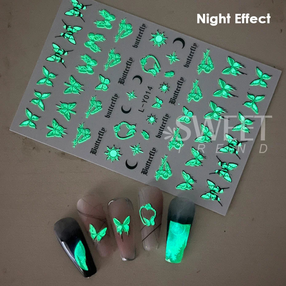 Glow-In-The-Dark Nail Decals: 3pcs Butterfly Design for Creative Manicures
