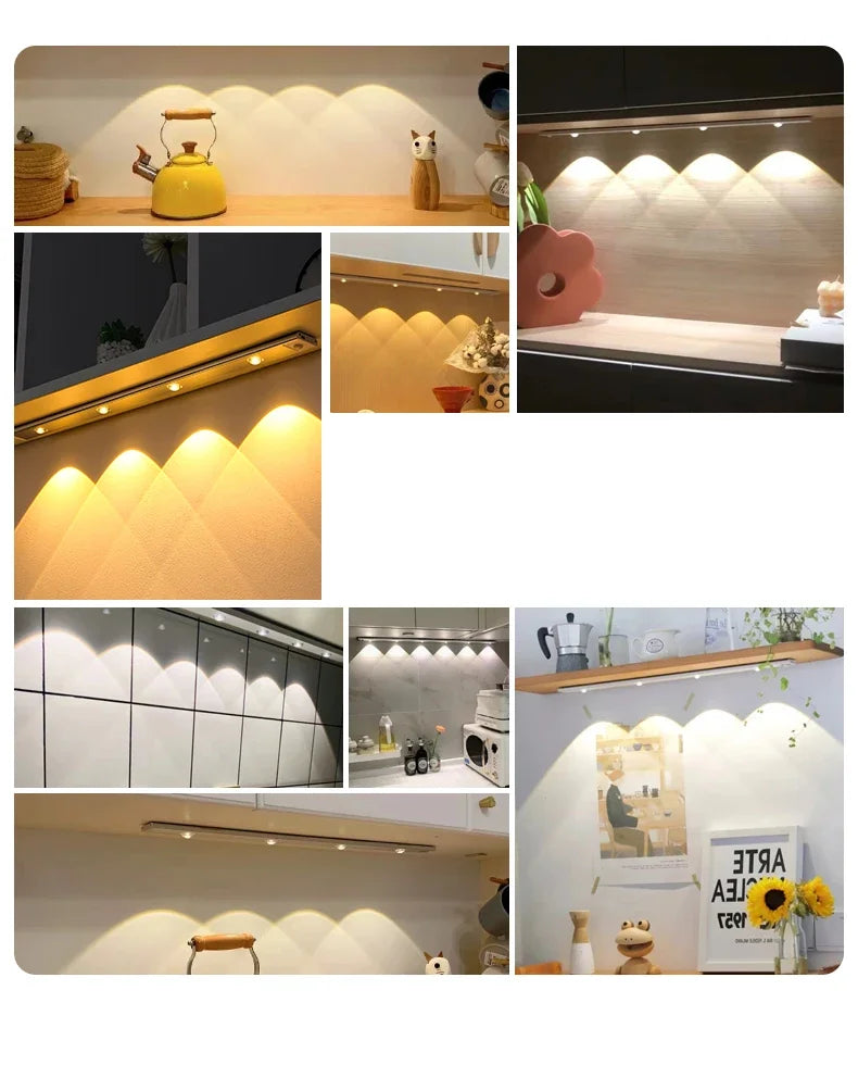 Motion Sensor Ultra-Thin Under Cabinet Light LED USB Lighting Kitchen Closet Wardrobe Lamp Rechargeable Magnetic LED Night Light