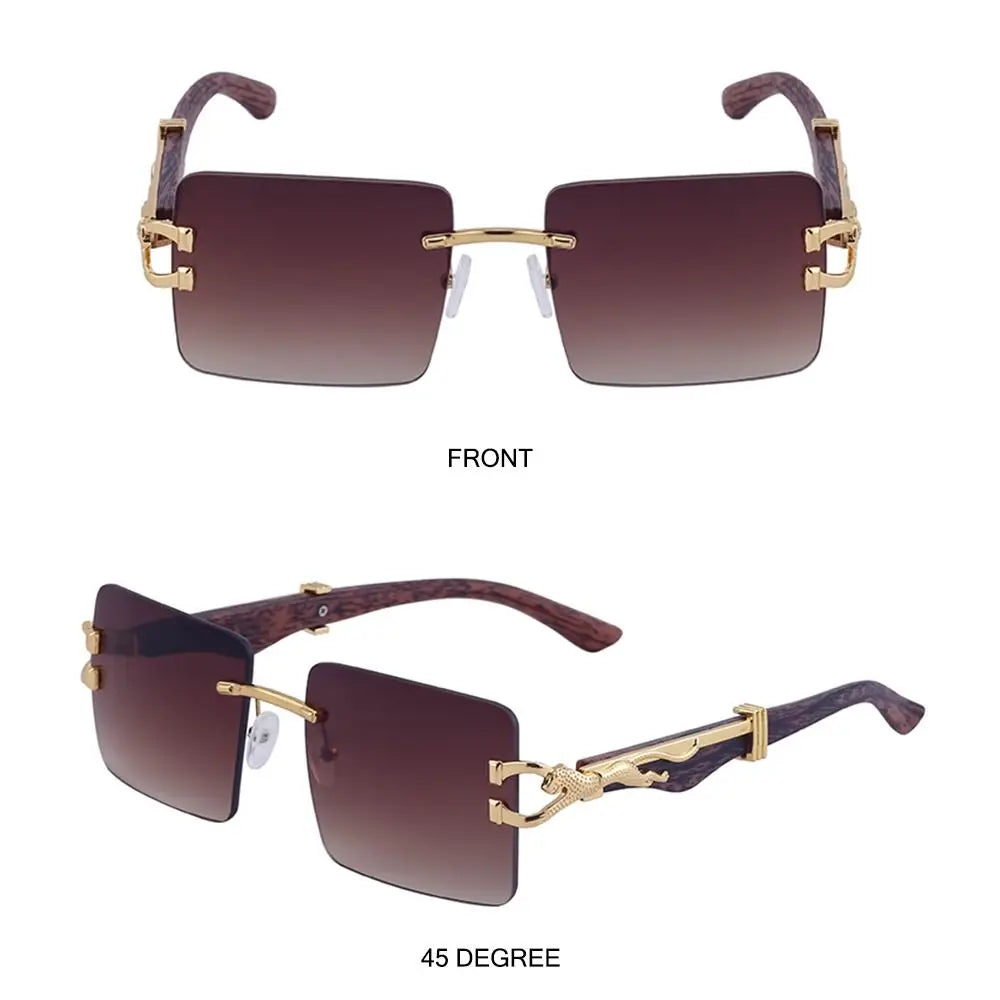 Unisex Wooden Cheetah Head Sunglasses: Vintage Rimless Style with UV Protection
