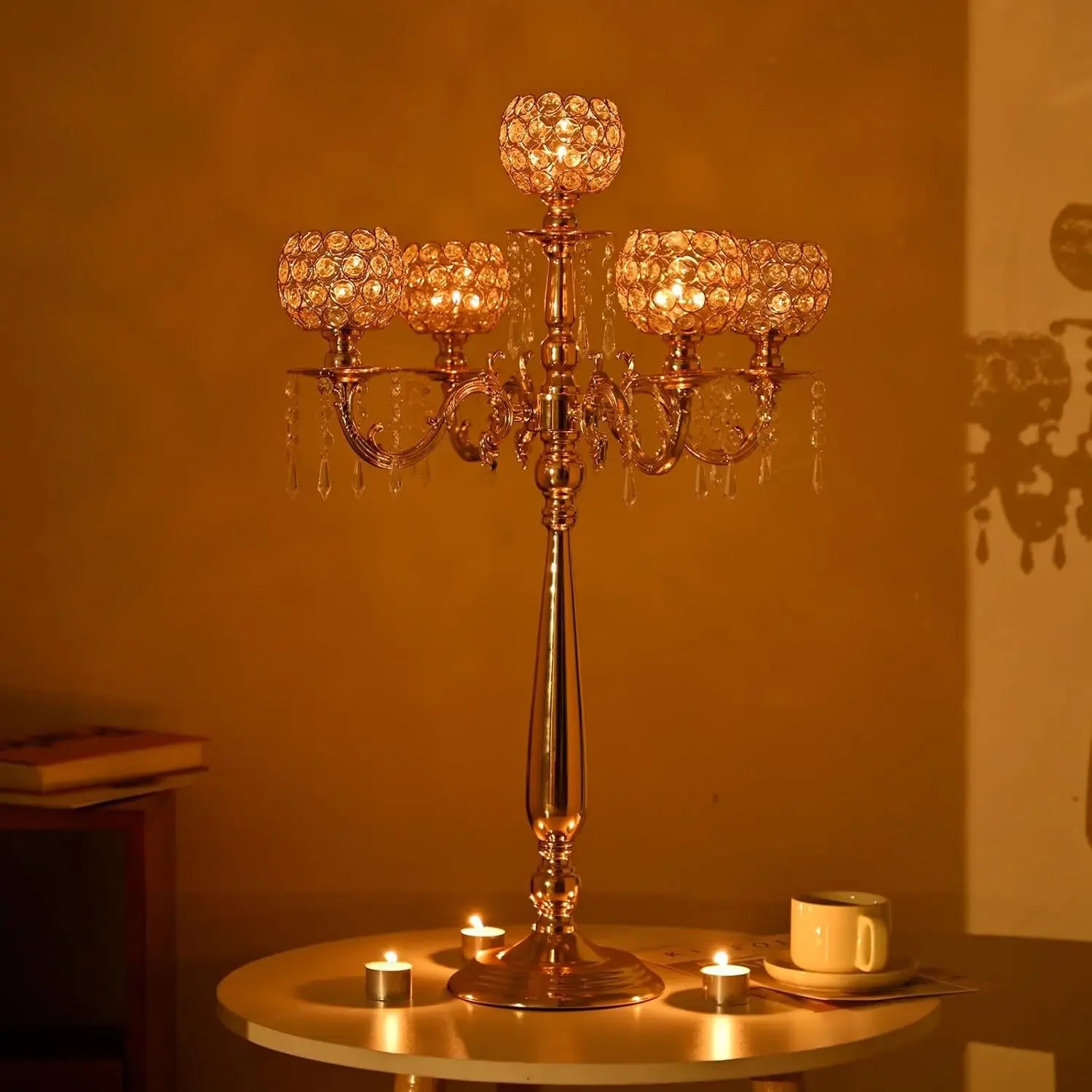 Elegant Gold Candle Holders: 5-Armed Crystal Candelabras for Memorable Events
