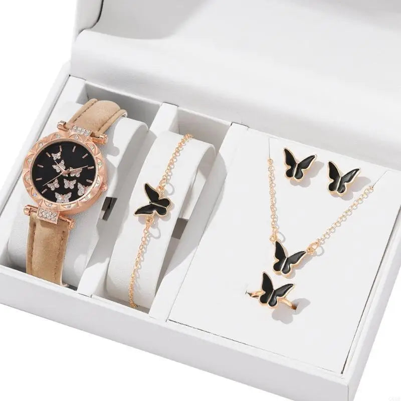 Glamorous Accessory Set: 5-Piece Women’s Luxury Watch and Jewelry Collection