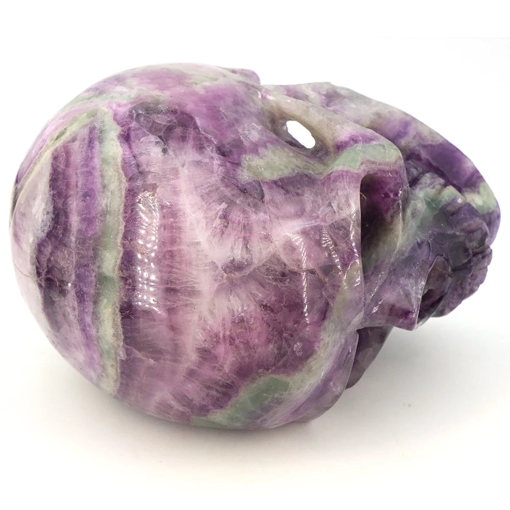 140mm Color Fluorite Skull Statue Natural Stone Carving Healing Crystal Craft Gemstone Carved Figurine Home Decor Halloween Gift