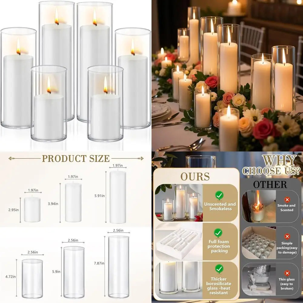 Elegant Wind-Resistant Candle & Holder Set: 12-Piece Pillar Candles with Glass Vases for Timeless Decor