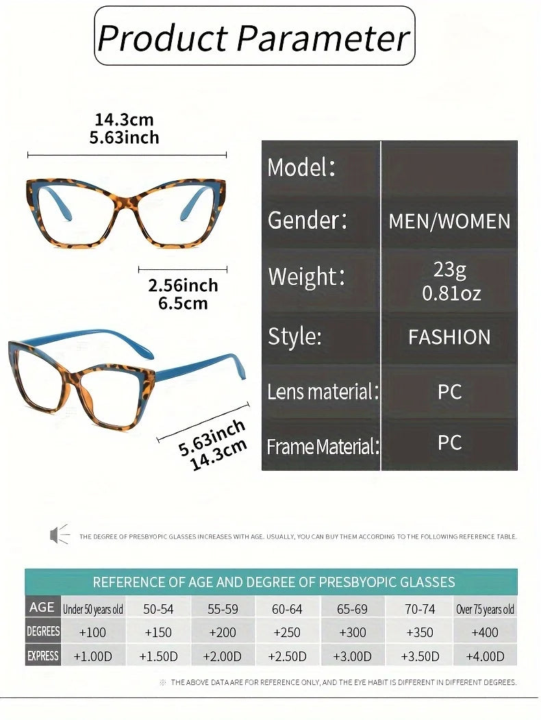Fashionable Vision: Elegant Cat Eye Reading Glasses with Anti-Blue Light Features
