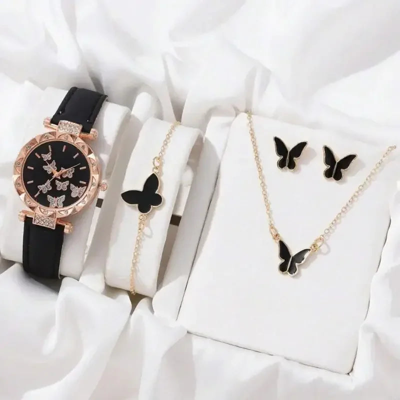Glamorous Accessory Set: 5-Piece Women’s Luxury Watch and Jewelry Collection