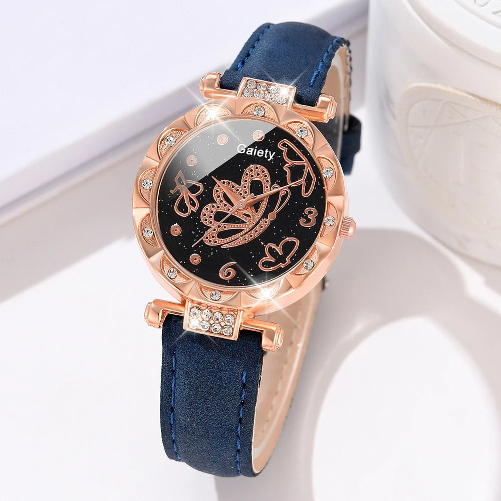 Charming Timepiece Set: 5-Piece Blue Women’s Watch Collection with Butterfly Dial