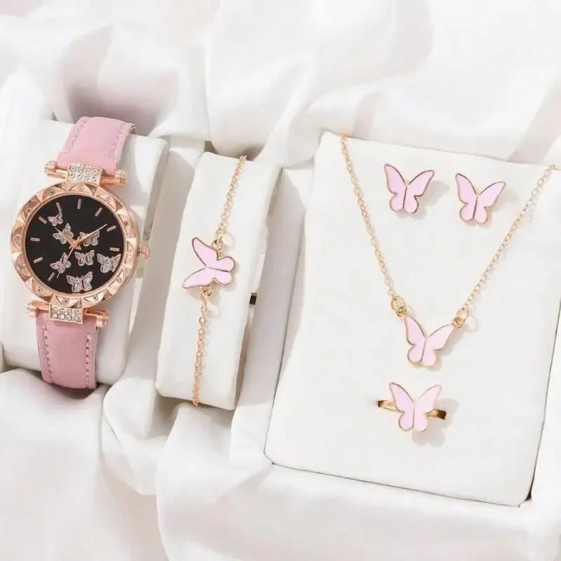 Glamorous Accessory Set: 5-Piece Women’s Luxury Watch and Jewelry Collection