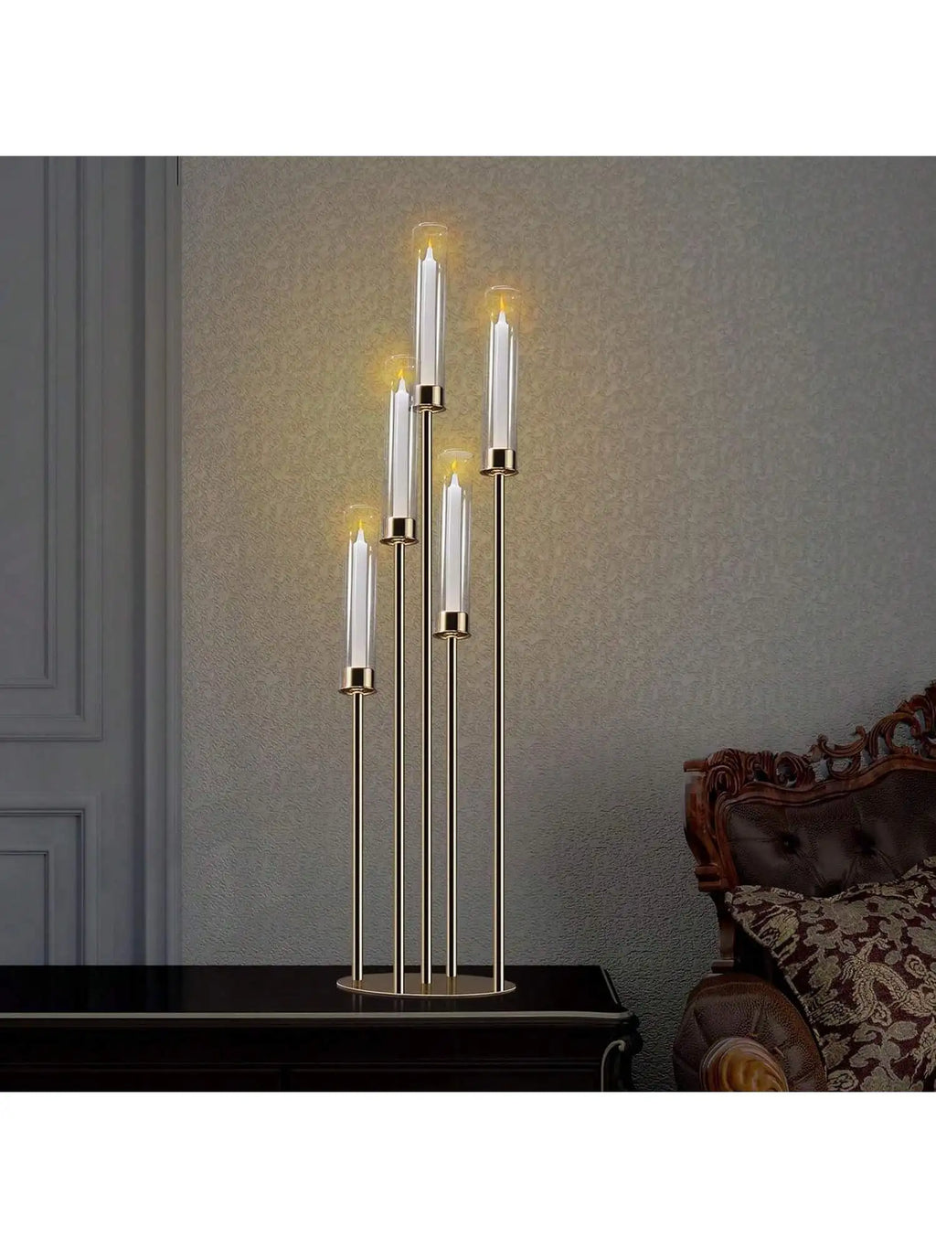 Elegant Gold Candle Display: 5-Arm Centerpiece for Special Events