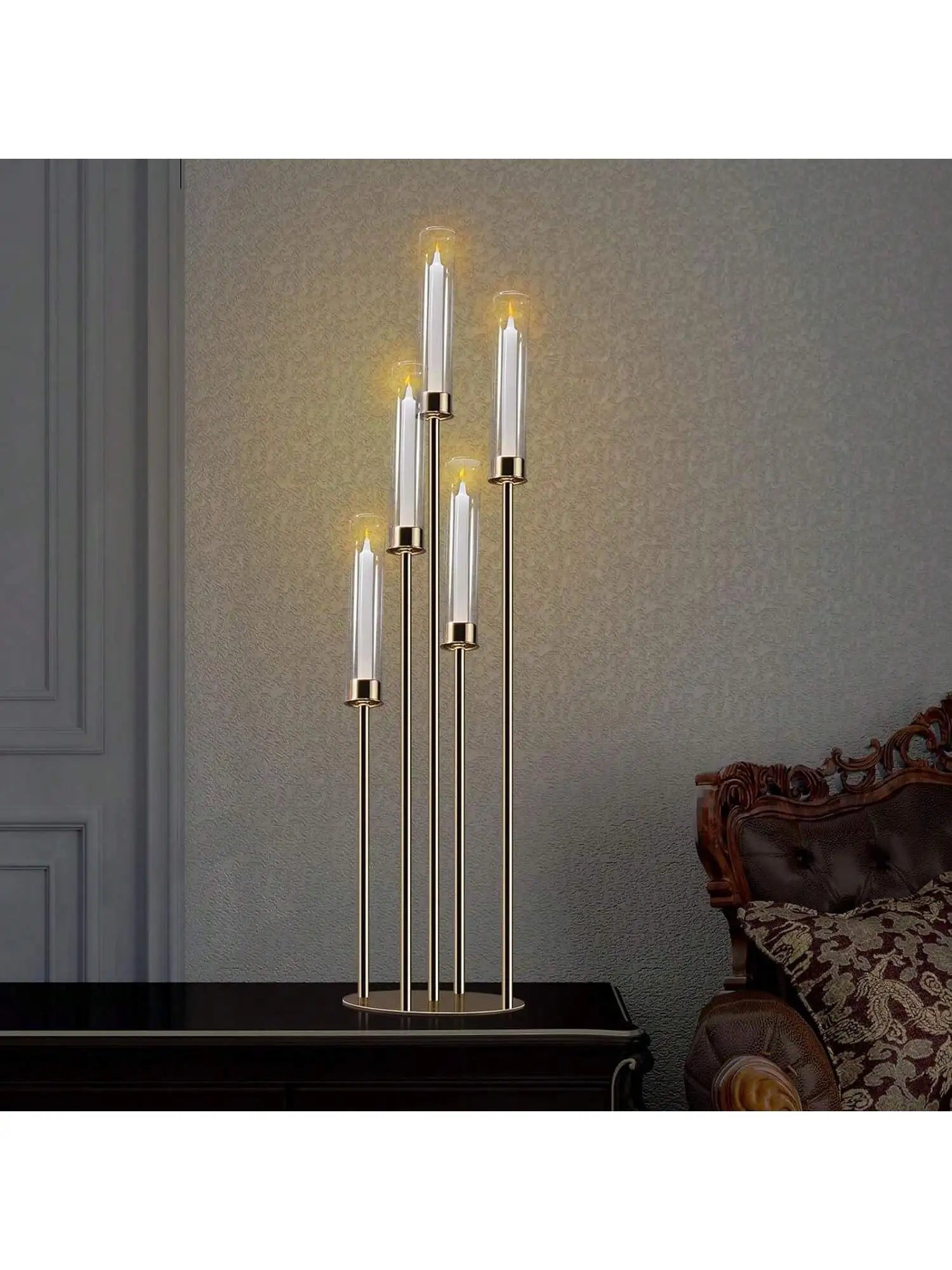 Elegant Gold Candle Display: 5-Arm Centerpiece for Special Events