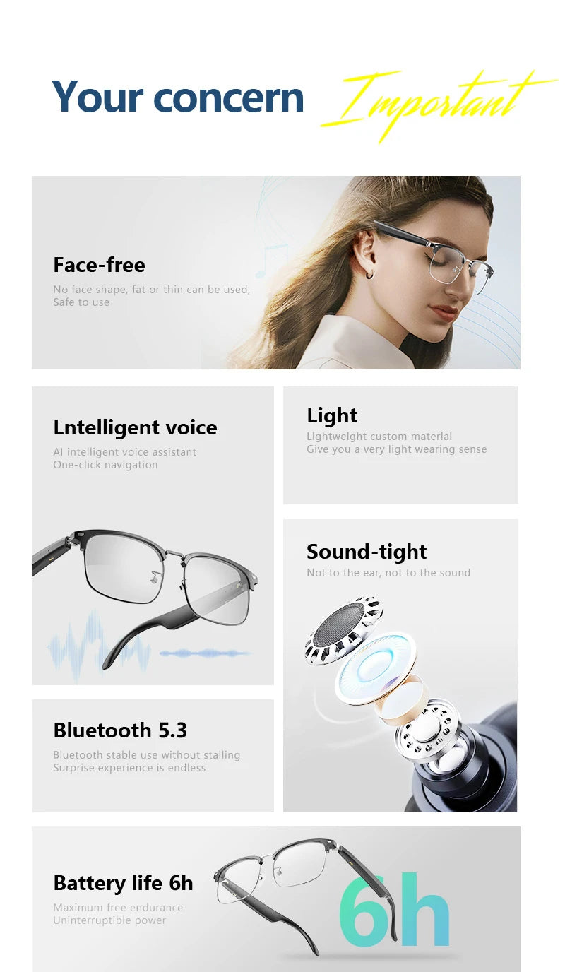 Intelligente Brille mit KI-Übersetzung, Bluetooth-Unterstützung für mehrere Sprachen, Farbwechsel, Musikwiedergabe und Telefonfunktion