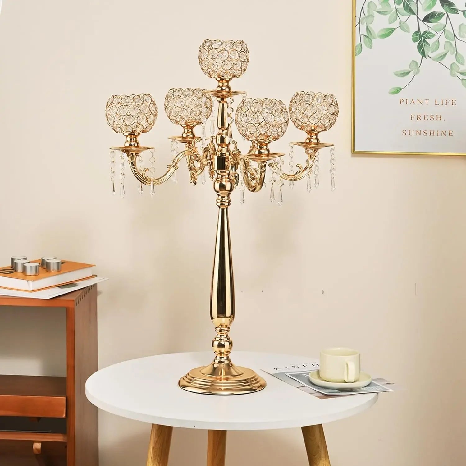 Elegant Gold Candle Holders: 5-Armed Crystal Candelabras for Memorable Events