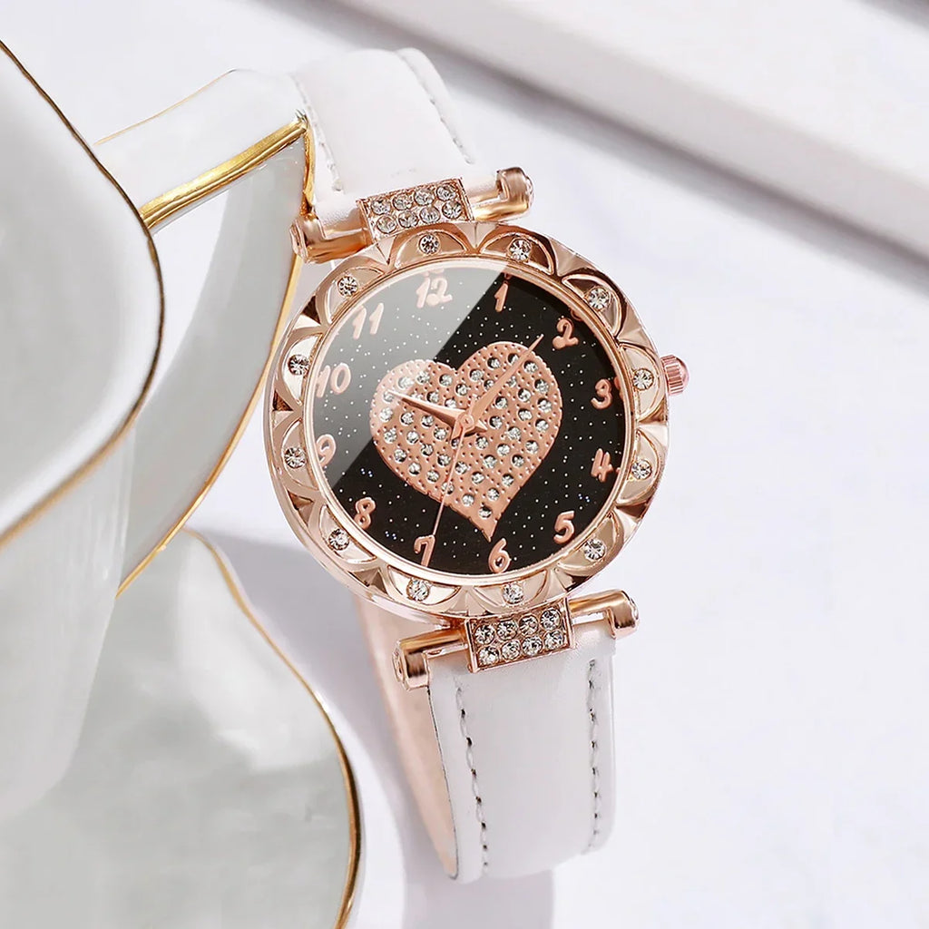 Elegant Heart Dial Watch Set: Sparkling Style with Rhinestone Accents