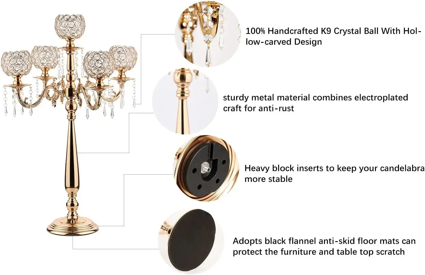 Elegant Gold Candle Holders: 5-Armed Crystal Candelabras for Memorable Events