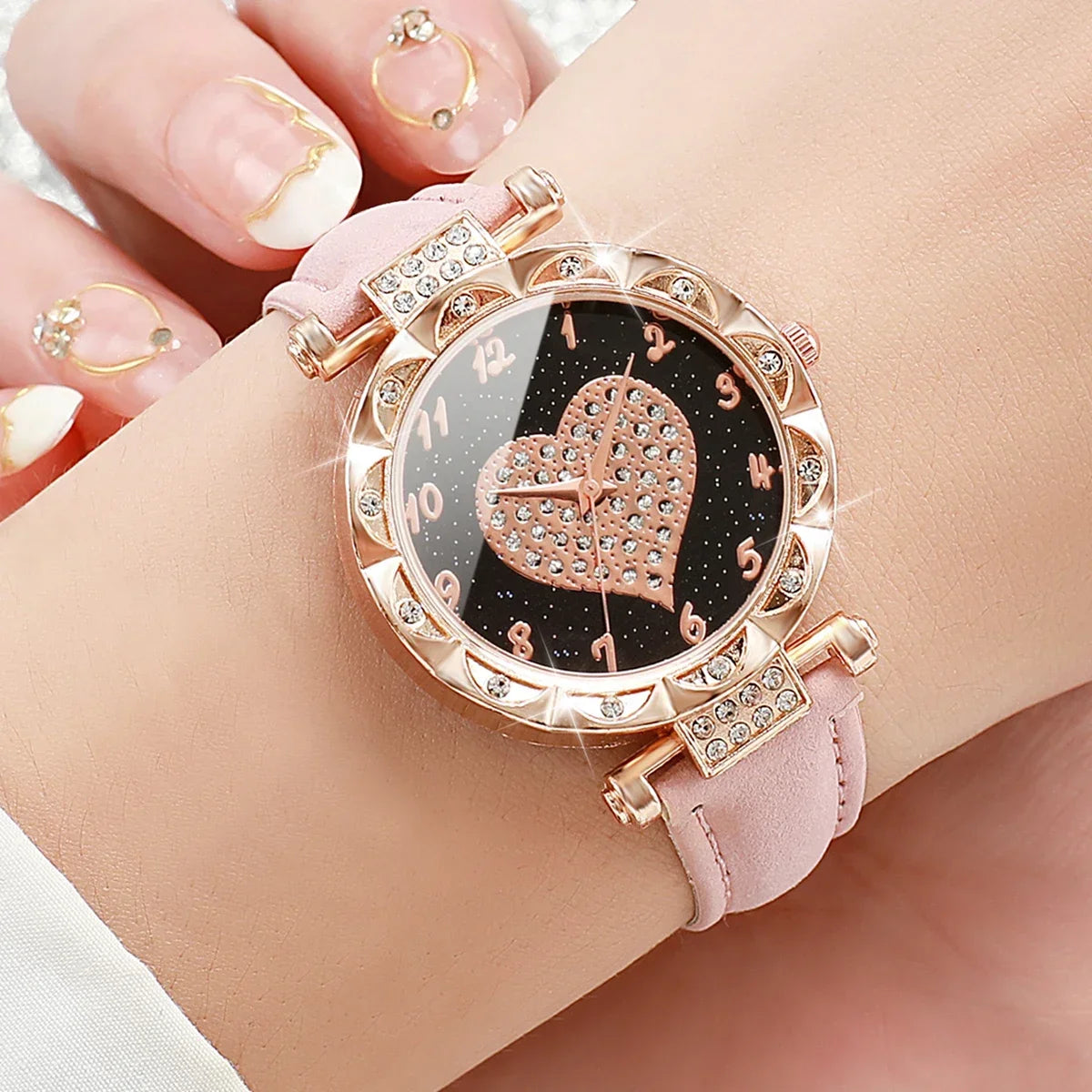 Elegant Heart Dial Watch Set: Sparkling Style with Rhinestone Accents