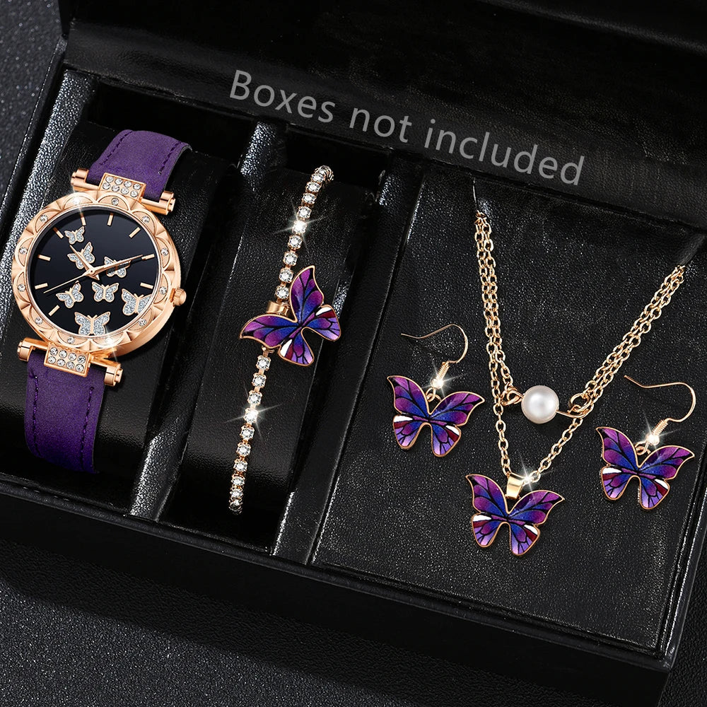 Glamorous Gift Ensemble: 5-Piece Purple Women’s Watch and Accessory Set