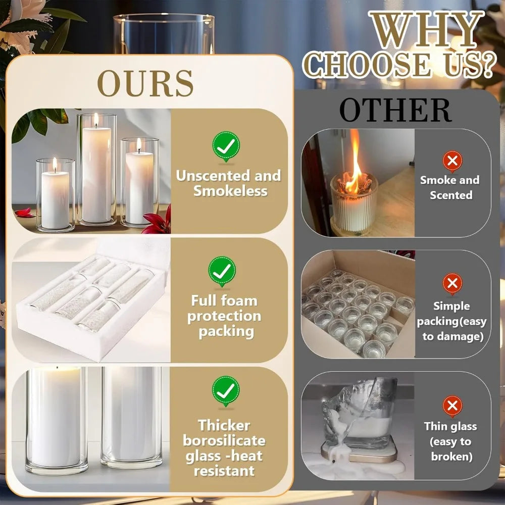 Elegant Wind-Resistant Candle & Holder Set: 12-Piece Pillar Candles with Glass Vases for Timeless Decor
