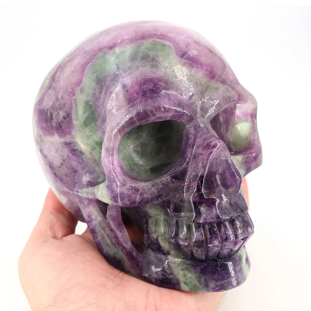 140mm Color Fluorite Skull Statue Natural Stone Carving Healing Crystal Craft Gemstone Carved Figurine Home Decor Halloween Gift