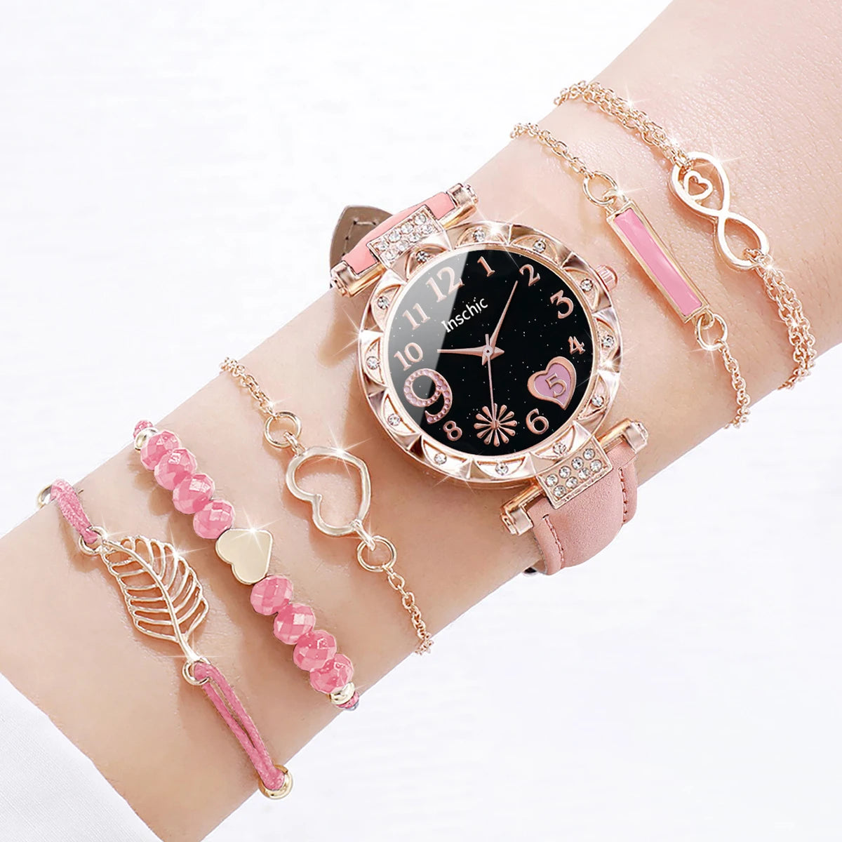 Charming Heart Dial Watch Set: Casual Elegance with Leaf Bracelets