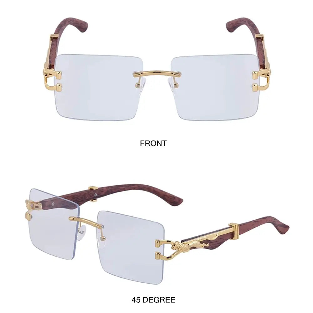 Unisex Wooden Cheetah Head Sunglasses: Vintage Rimless Style with UV Protection