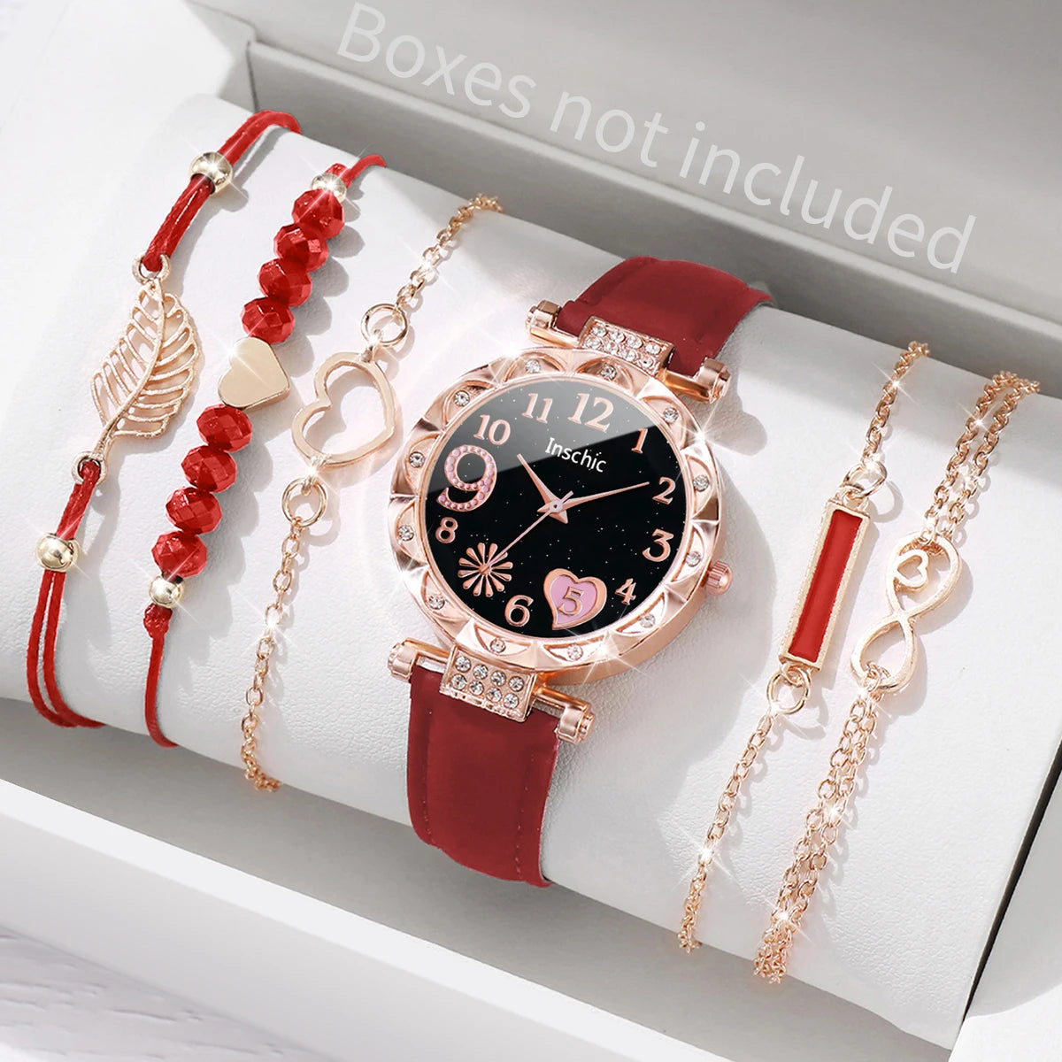 Charming Heart Dial Watch Set: Casual Elegance with Leaf Bracelets