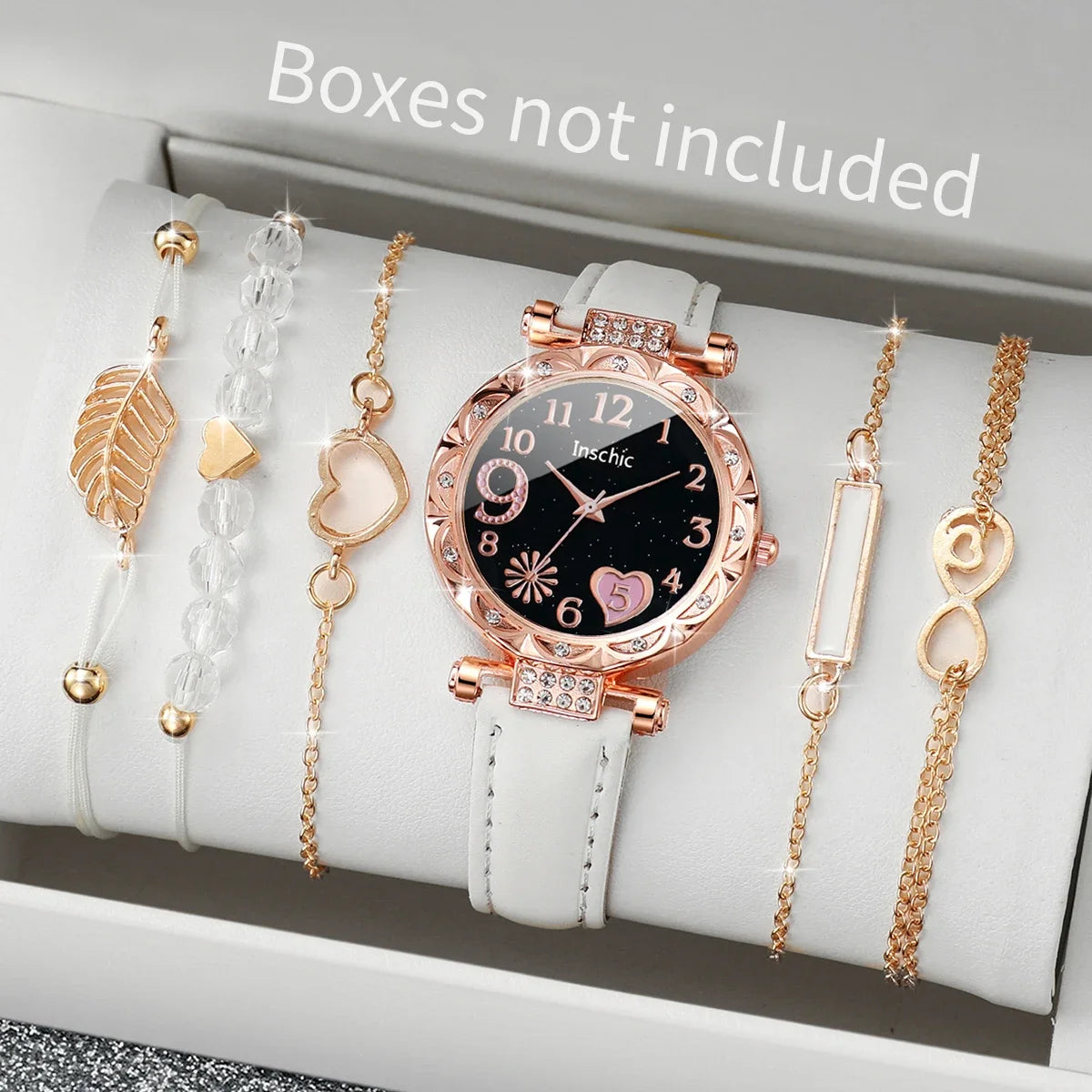 Charming Heart Dial Watch Set: Casual Elegance with Leaf Bracelets