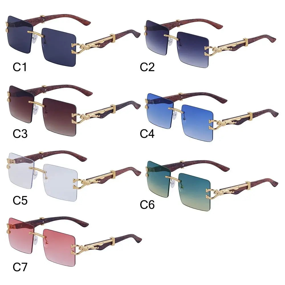 Unisex Wooden Cheetah Head Sunglasses: Vintage Rimless Style with UV Protection