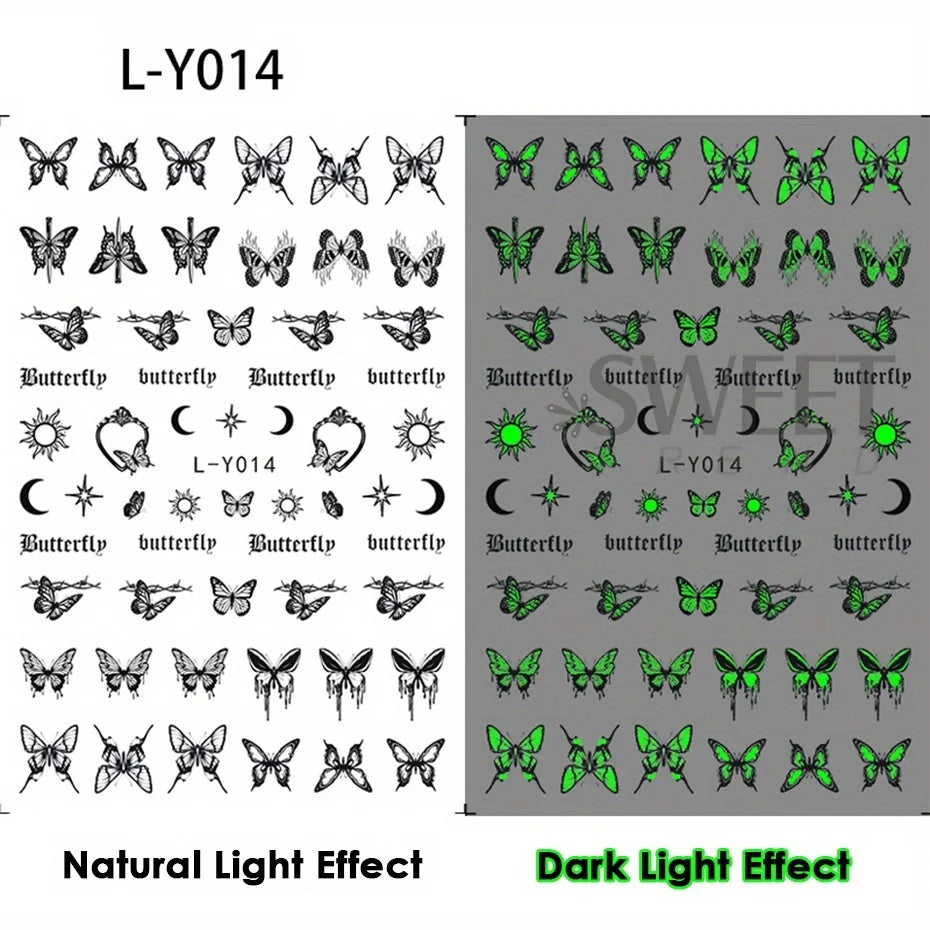 Glow-In-The-Dark Nail Decals: 3pcs Butterfly Design for Creative Manicures