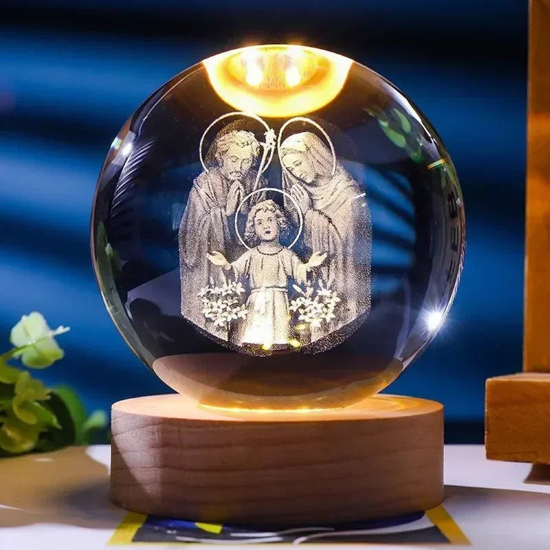Illuminated Jesus and Virgin Mary Crystal Ball Set with Cross for Devotion rosarios catolicos  jesus christ
