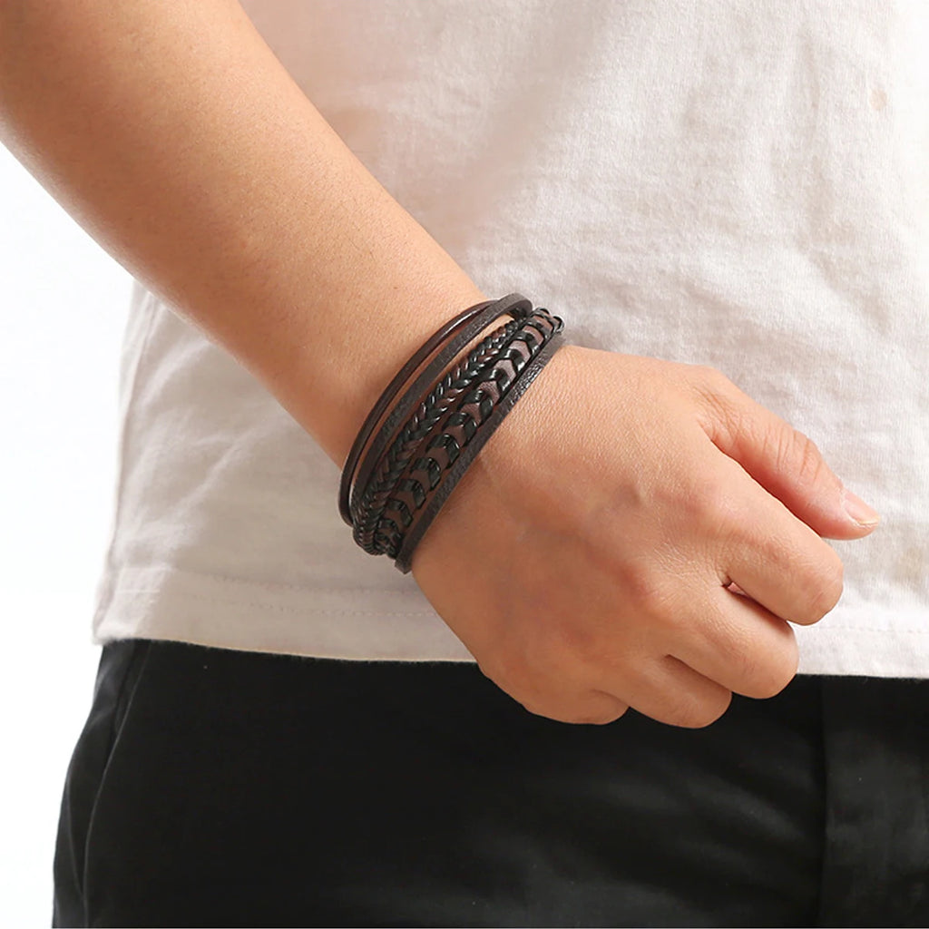 Multi-Layered Leather Bracelet: Vintage Style with Alloy Magnetic Buckle
