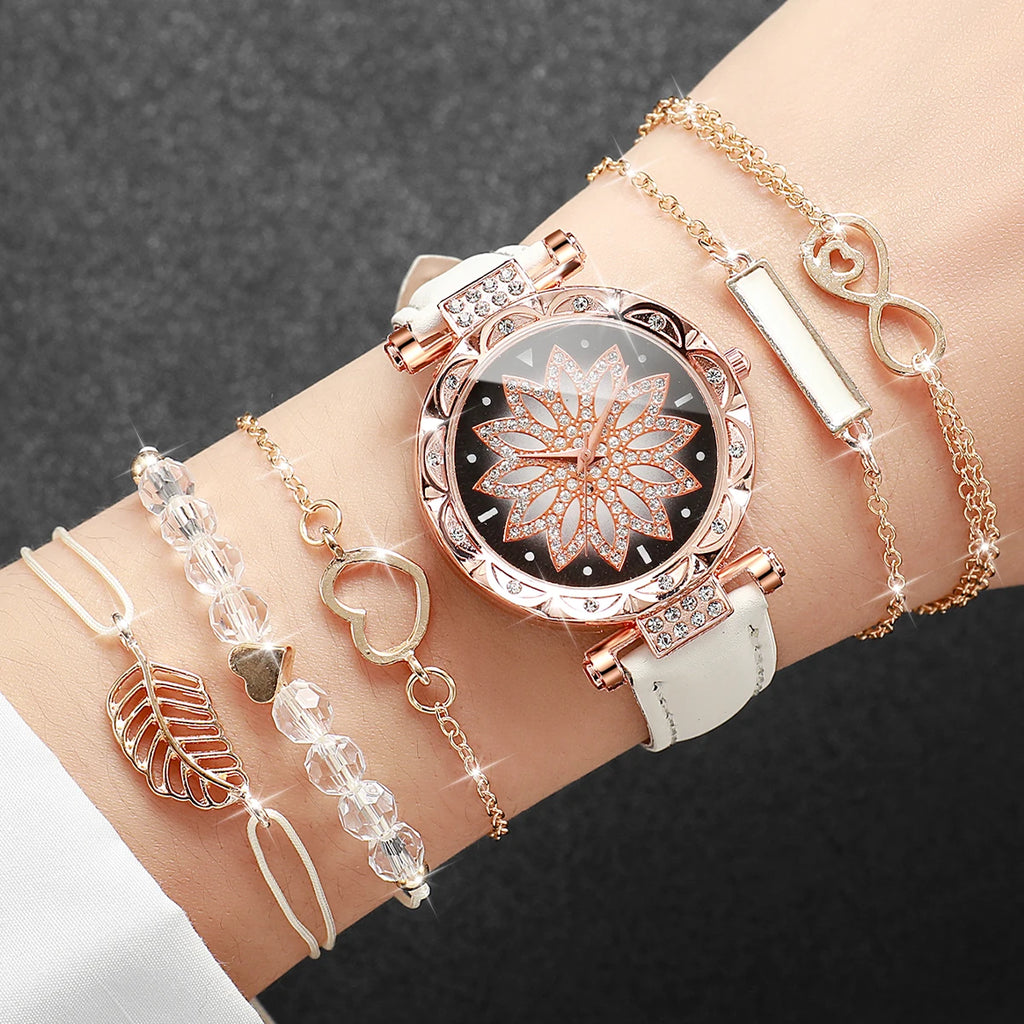 Charming Heart Dial Watch Set: Casual Elegance with Leaf Bracelets