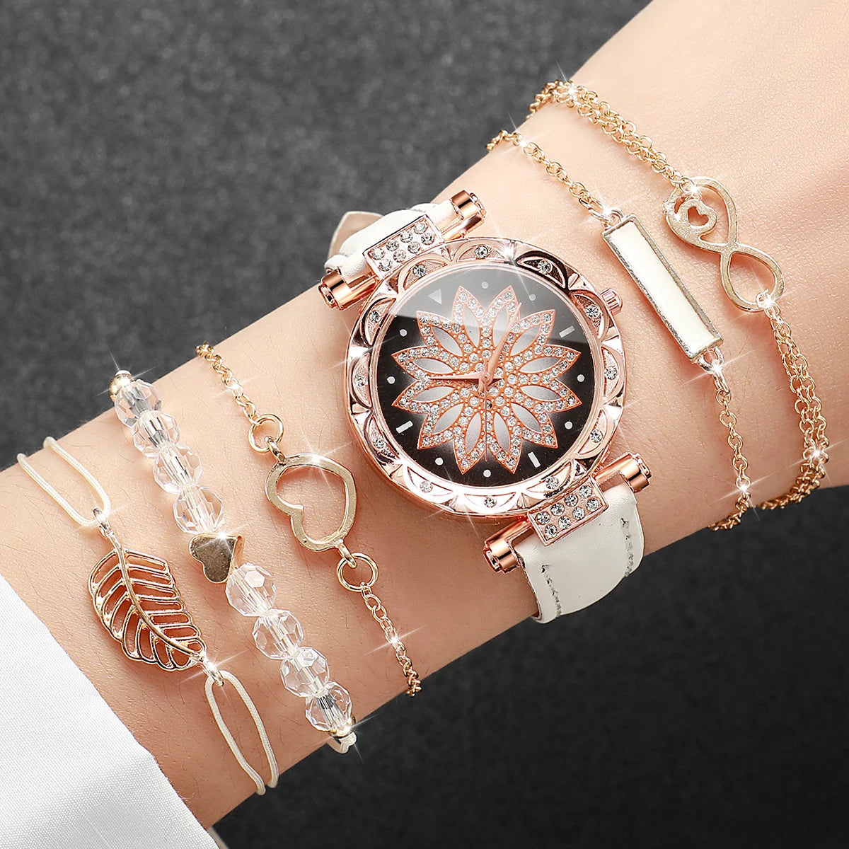 Charming Heart Dial Watch Set: Casual Elegance with Leaf Bracelets