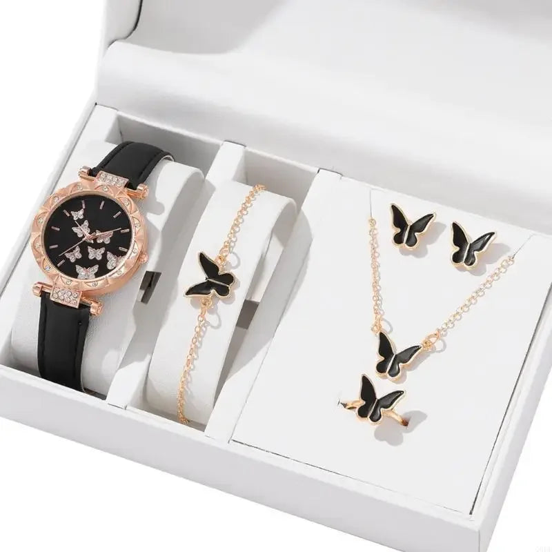 Glamorous Accessory Set: 5-Piece Women’s Luxury Watch and Jewelry Collection