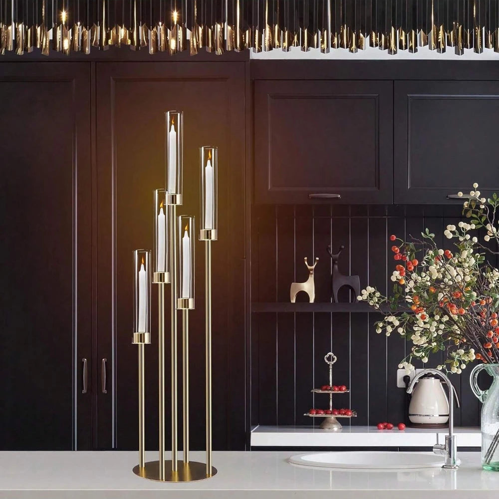 Elegant Gold Candle Display: 5-Arm Centerpiece for Special Events