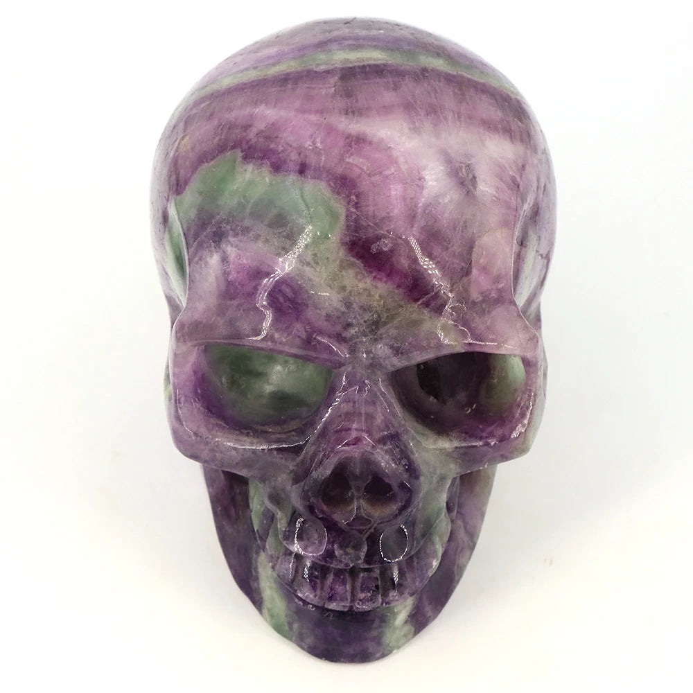 140mm Color Fluorite Skull Statue Natural Stone Carving Healing Crystal Craft Gemstone Carved Figurine Home Decor Halloween Gift